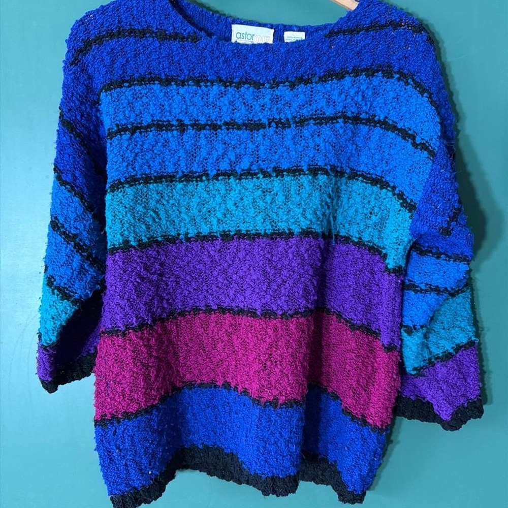 Vintage Astor One 1980s Striped Chunky Textured Sweater Blue Pink Purple Large